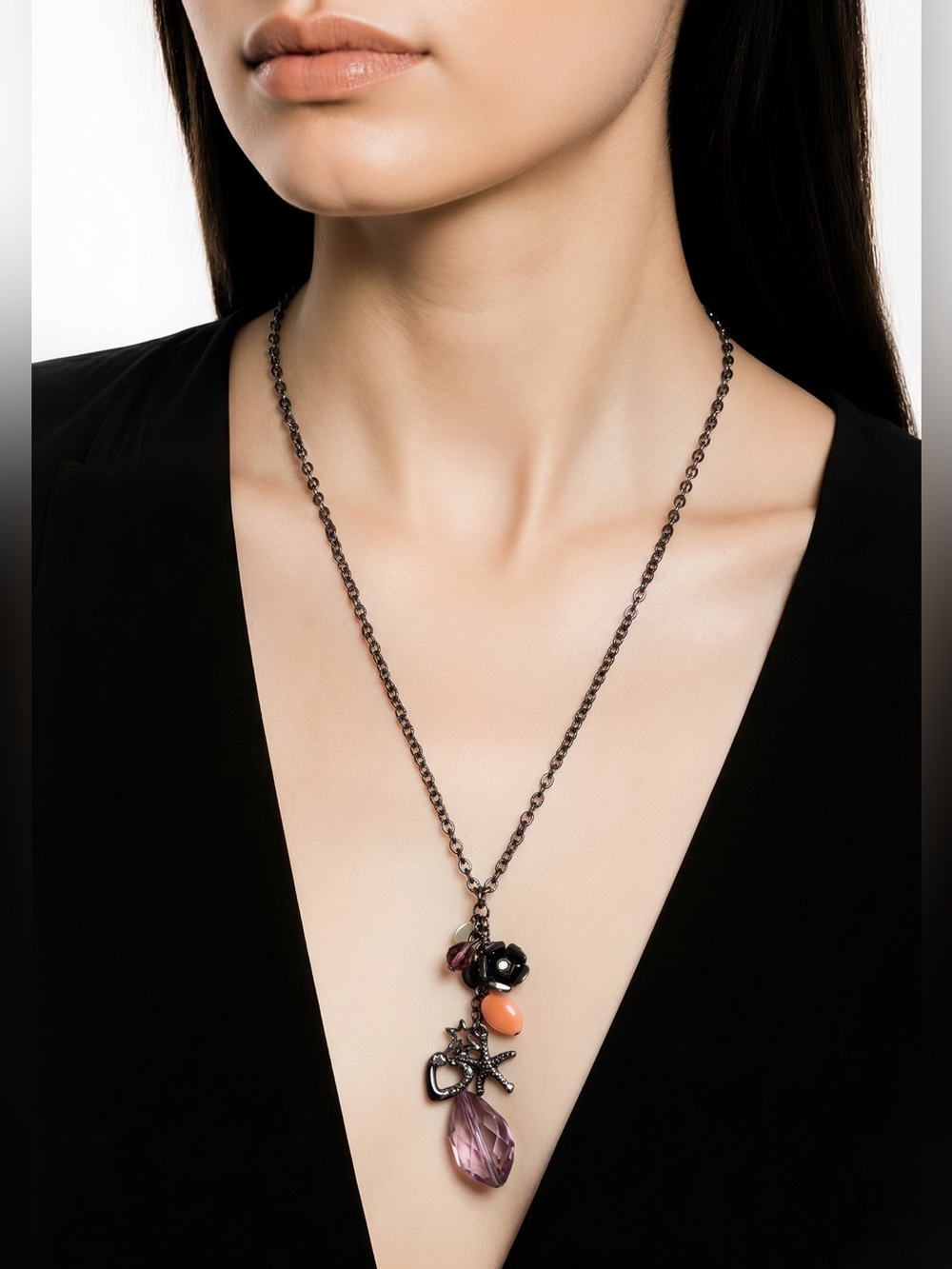 Long Black Chain Necklace with Pink, Black, White, and Orange Charms